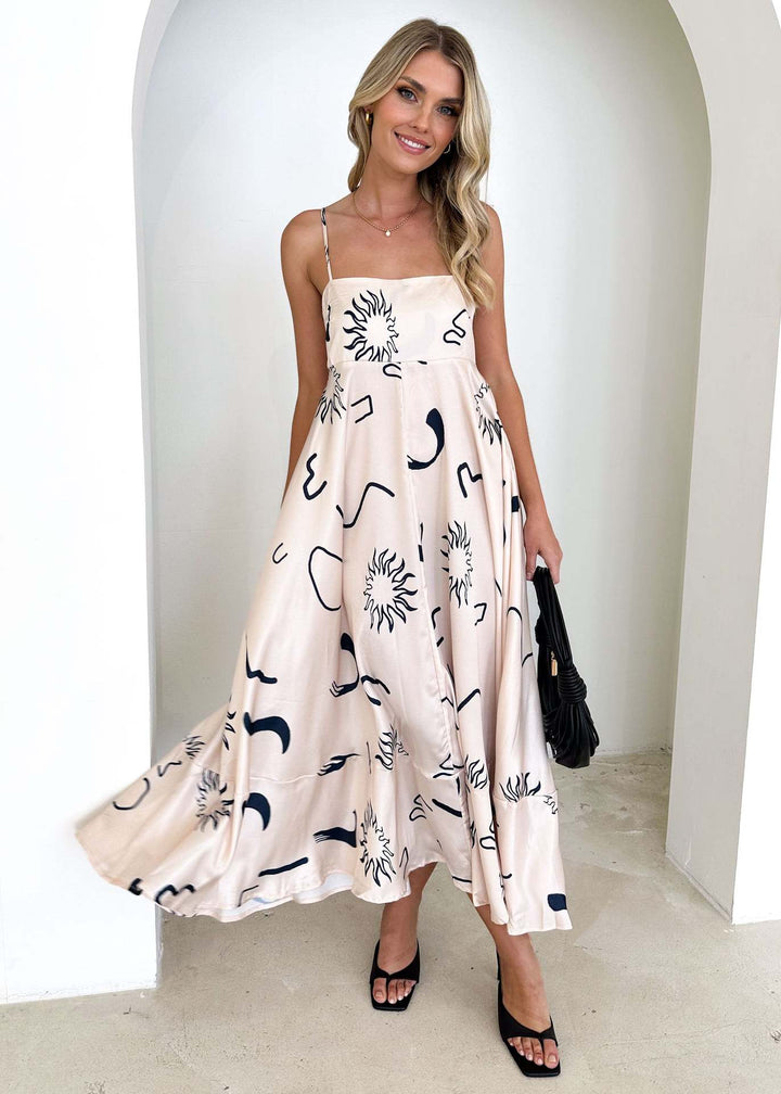 Ladies maxi dress with modern graphic patterns and thin straps Lisslune