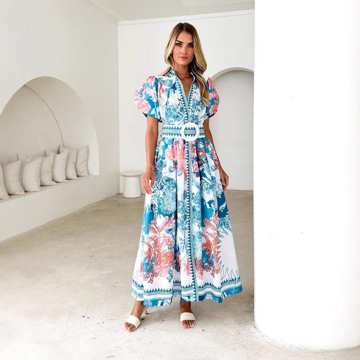 Women’s maxi dress with high collar and elegant puff sleeves Lune London