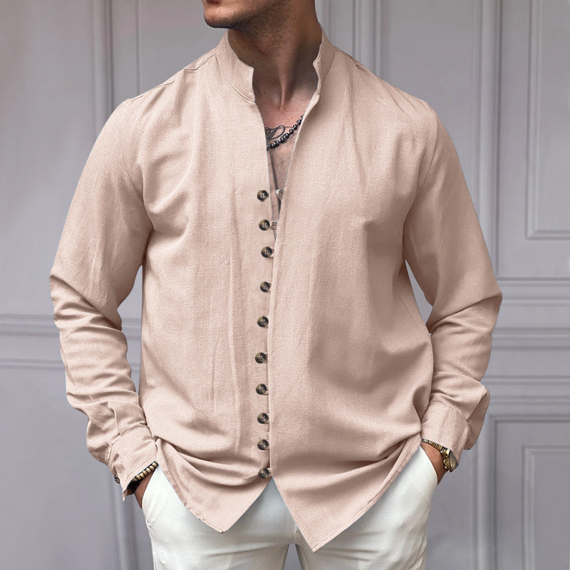 Men's fashionable long-sleeve shirt with button placket and stylish stand-up collar Lisslune