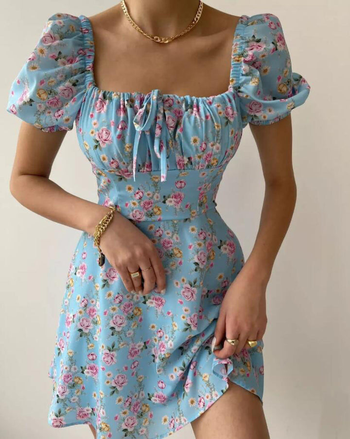 Ladies mini dress with voluminous puff sleeves and floral pattern Lisslune