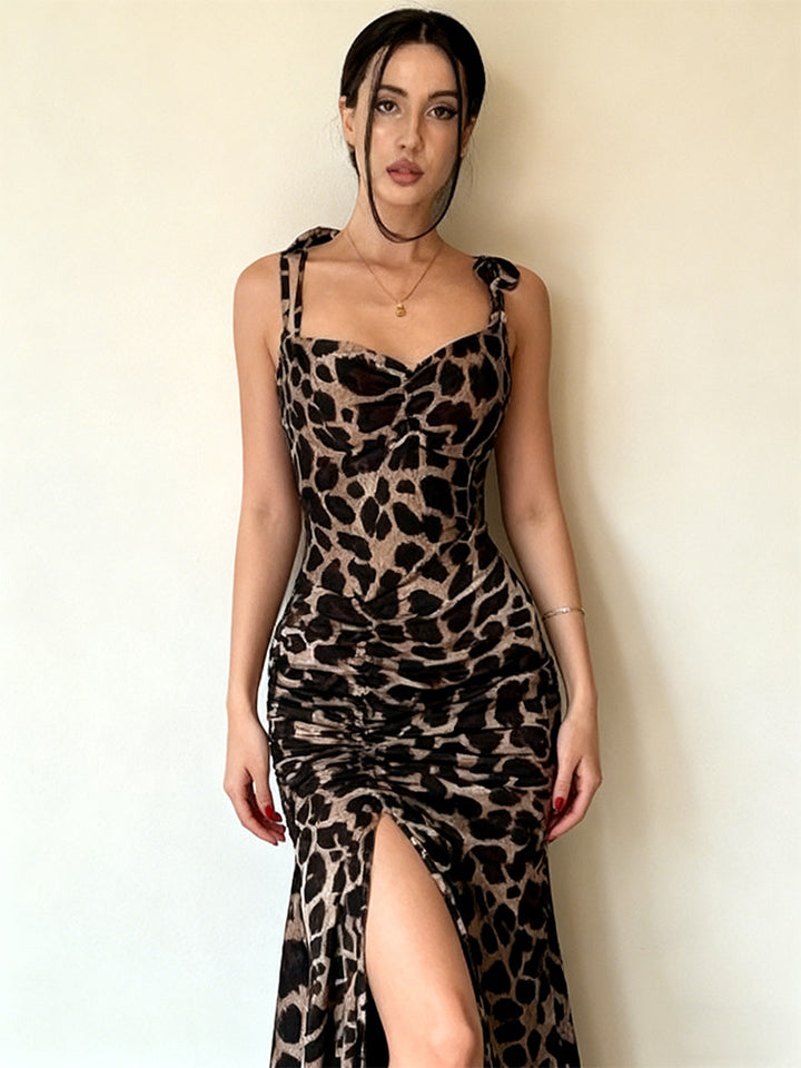 Ladies Elegant Maxi Dress with Leopard Print and Side Slit Lisslune