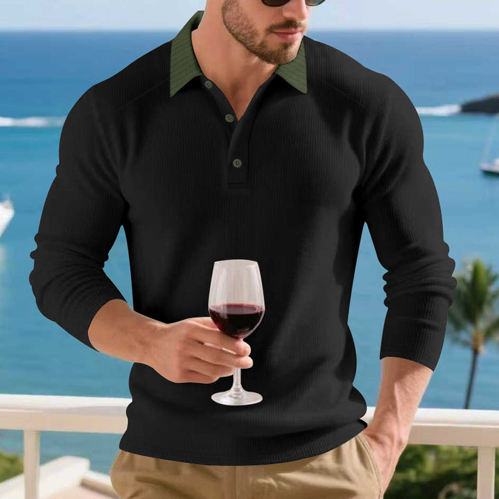 Men's Long Sleeve Polo Shirt with Textured Design and Elegant Button Placket Lisslune