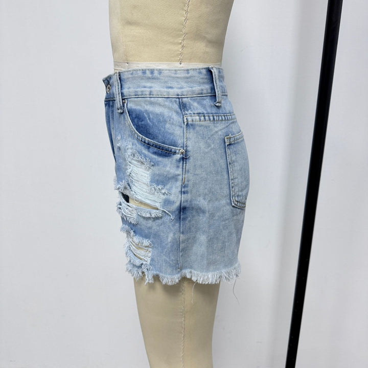 Women's Destroyed Denim Shorts in Casual Style Lisslune