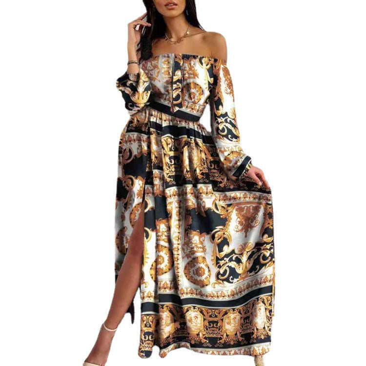 Women's maxi dress with open shoulder design and elaborate baroque pattern Lisslune