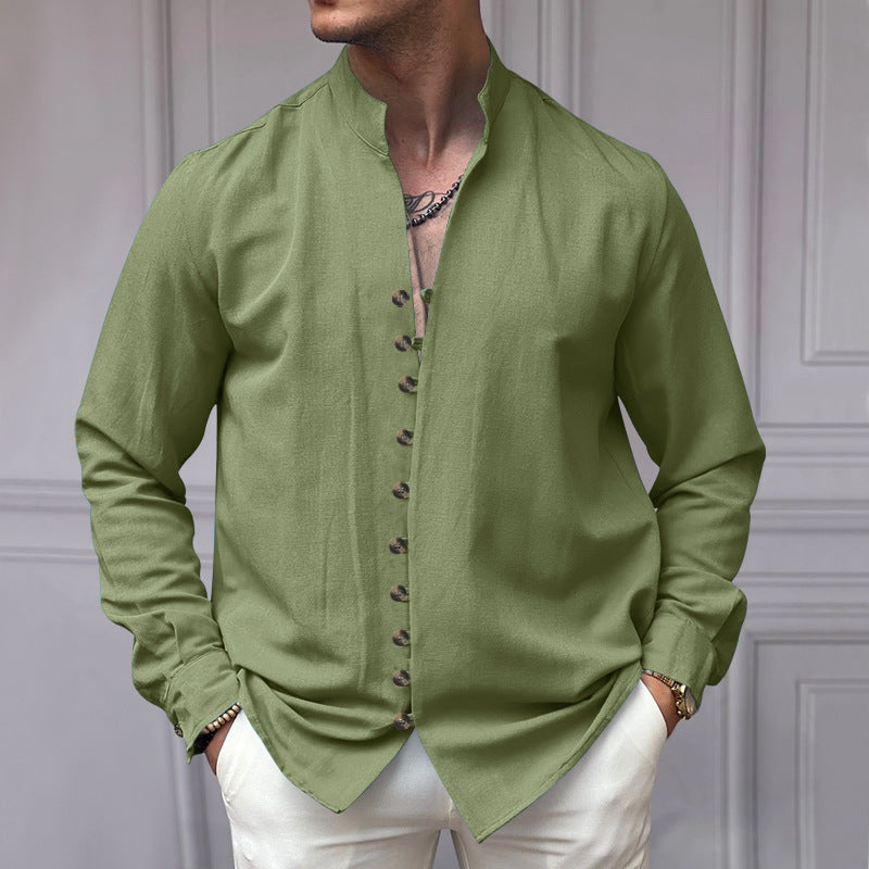 Men's long sleeve shirt with rising stand-up collar and decorative button placket Lisslune