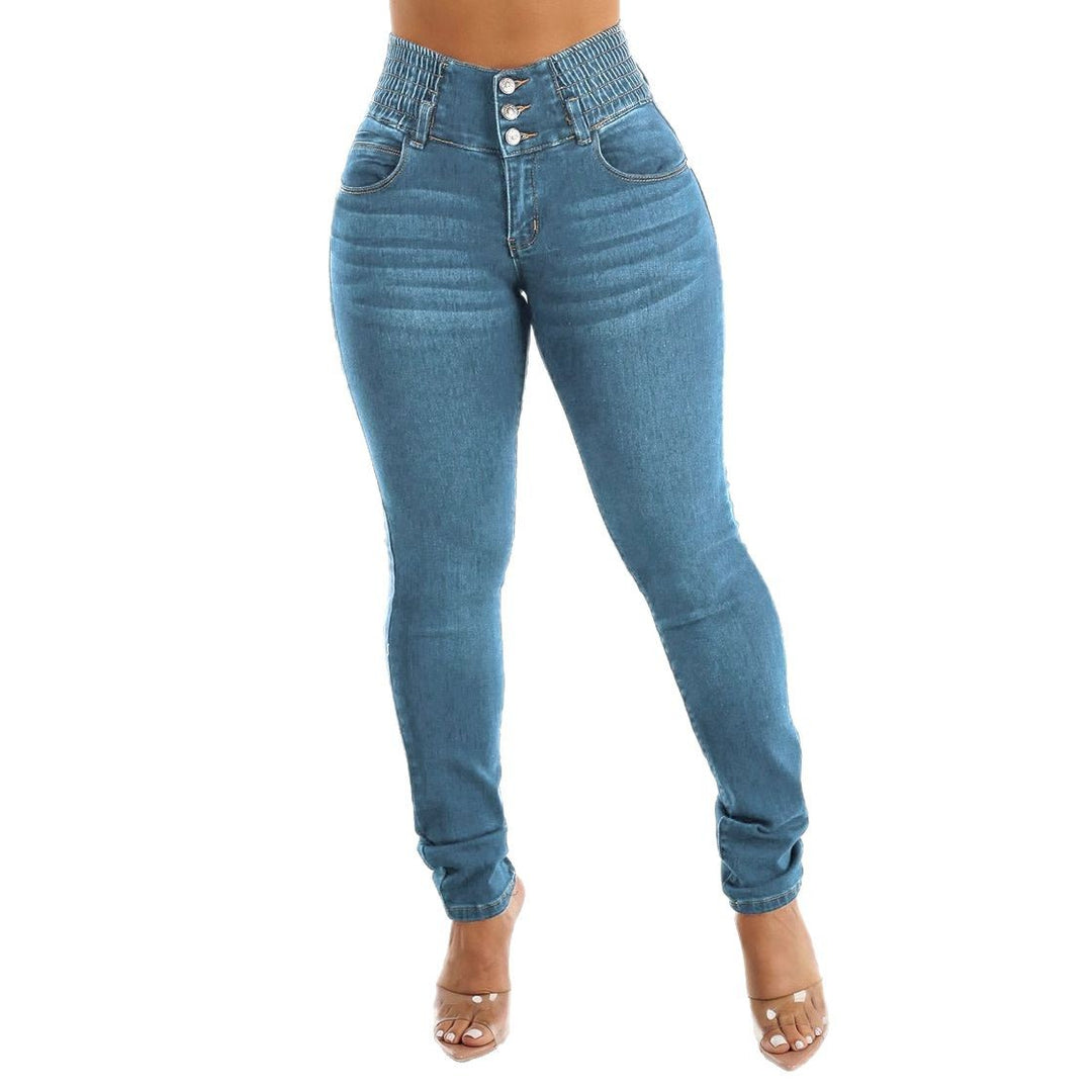 Women High-Waisted Jeans with Elastic Waistband and Button Details Lisslune