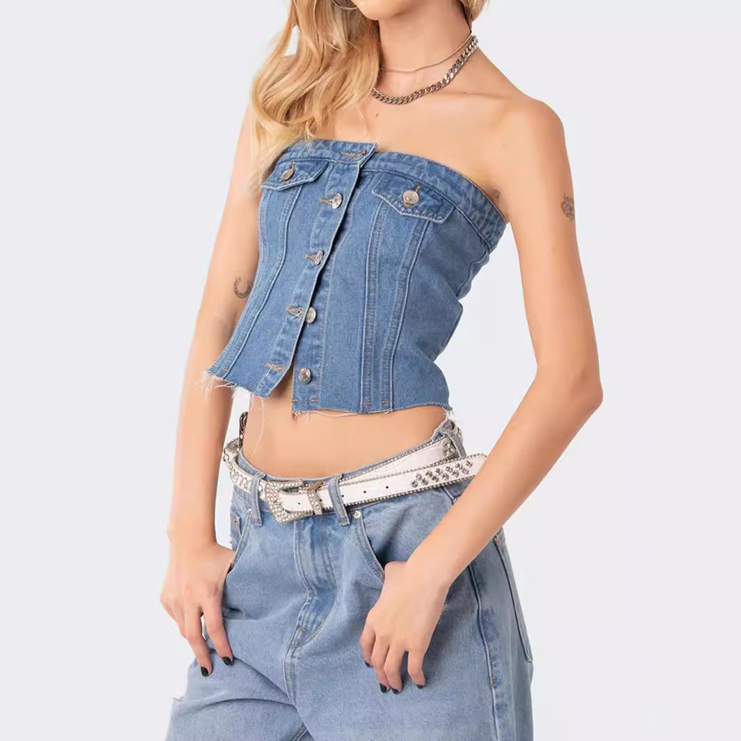 Women's Denim Crop Top with Knitted Overlay Lisslune