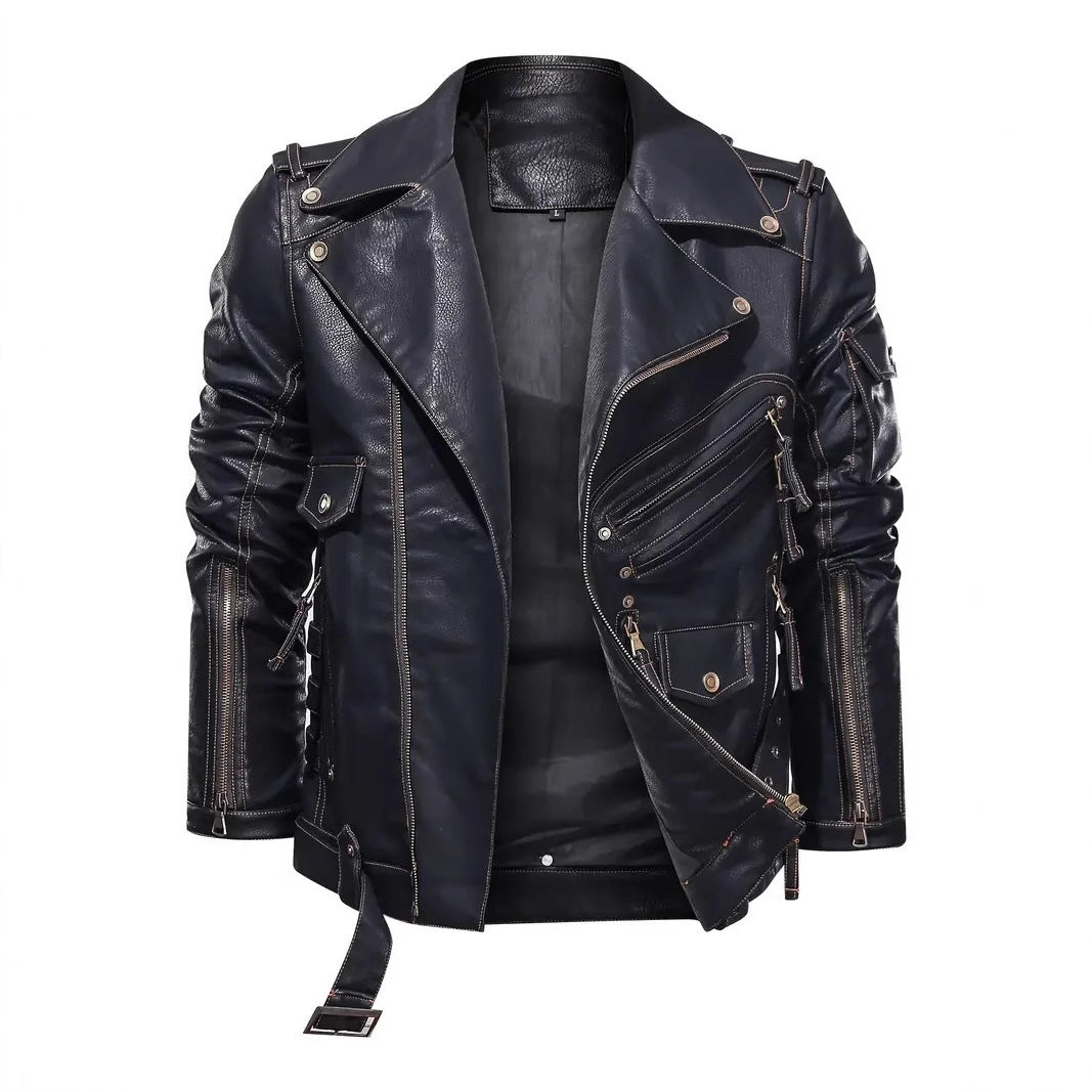 Men's stylish biker jacket with multiple zip pockets and belt detail Lisslune