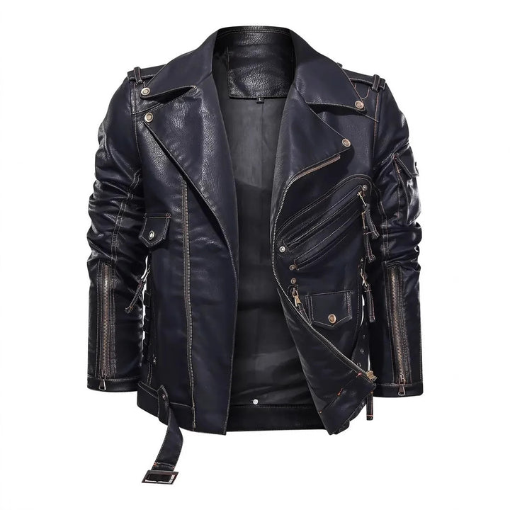 Men's stylish biker jacket with multiple zip pockets and belt detail Lisslune