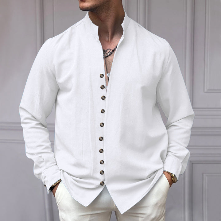 Men's long sleeve shirt with rising stand-up collar and decorative button placket Lisslune