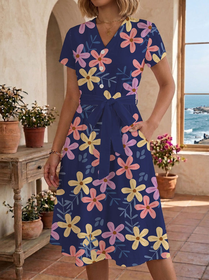 Women's casual maxi dress with adjustable knot and decorative check pattern Lisslune