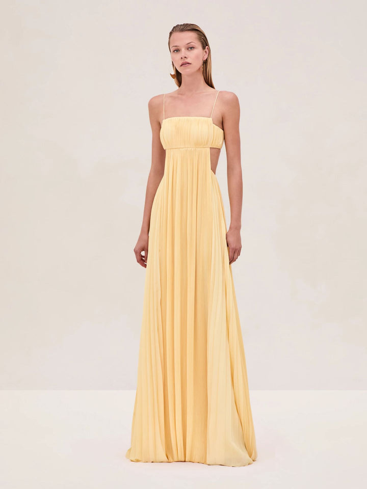Women's maxi dress with elegant pleated details and thin spaghetti straps