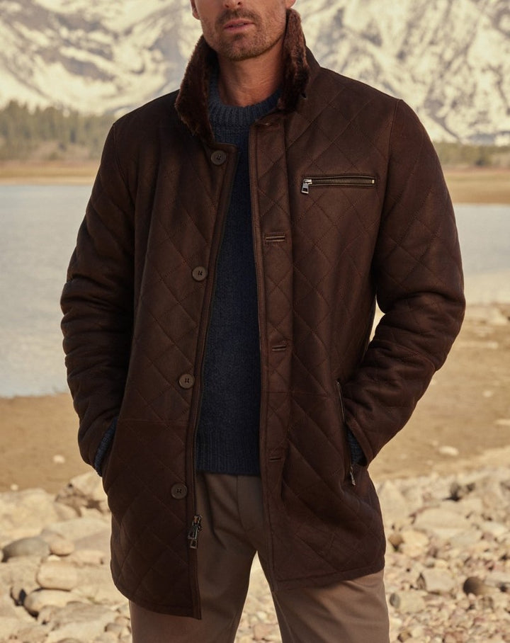 Men's quilted lamb leather coat with plush collar Lisslune