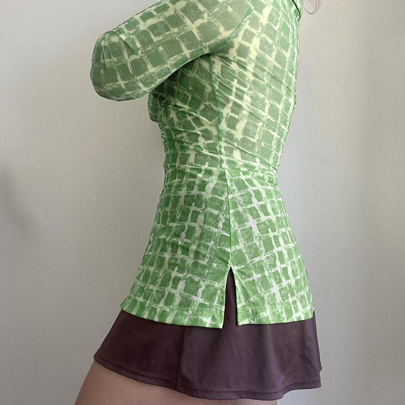 Ladies fitted blouse with sophisticated ruffle design and elegant button closure