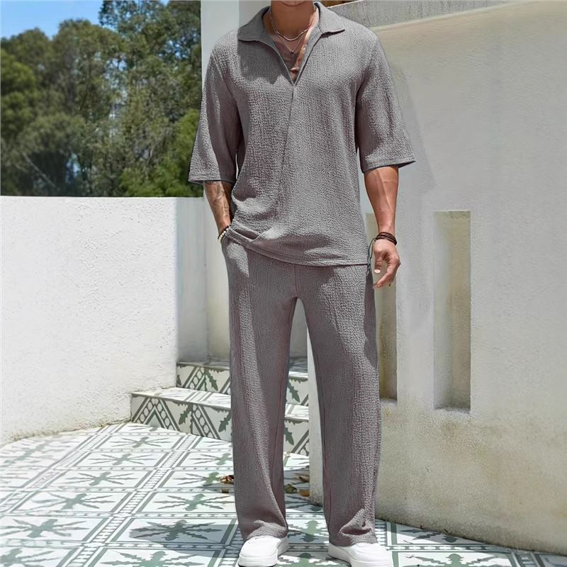 Men's casual leisure set with textured top and wide-cut trousers Lisslune