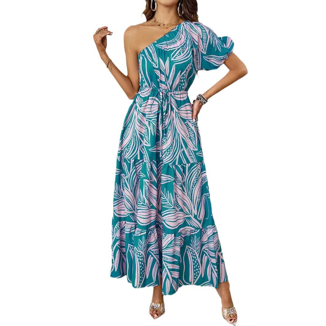 Women's maxi dress in asymmetrical design with floral pattern and wrap belt Lisslune