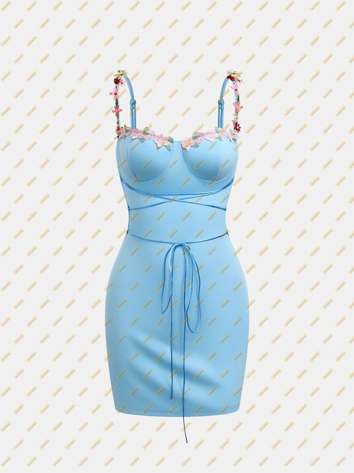 Women's Figure-Fitting Mini Dress with Floral Straps and Lacing