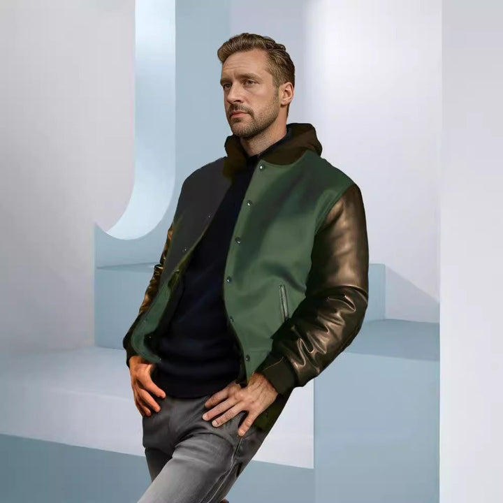 Men's stylish college jacket with leather sleeves Lisslune
