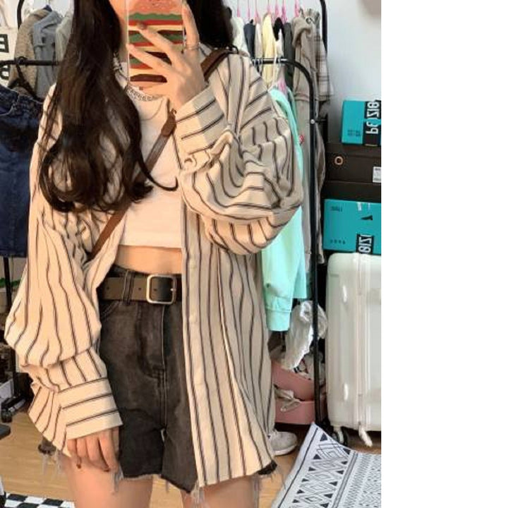 Women's striped overshirt blouse in a casual cut with oversized sleeves