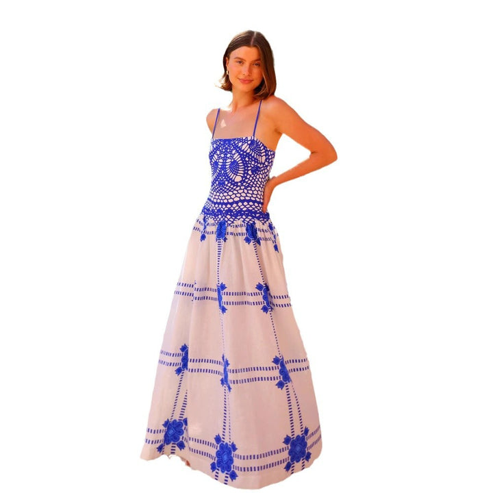 Women's maxi dress with innovative crochet top and flowing skirt Lune London