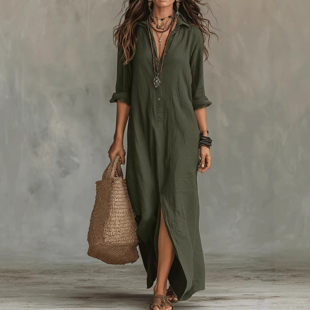 Women's Long Shirt Dress with Button Closure and Side Slit Lisslune