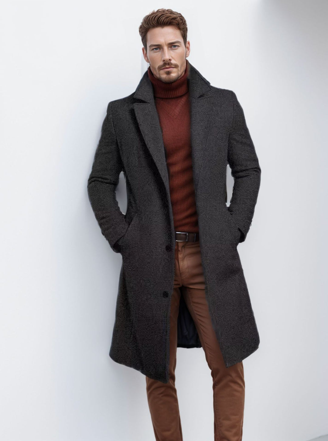 Men's elegant long coat with textured outer material and practical pockets Lisslune