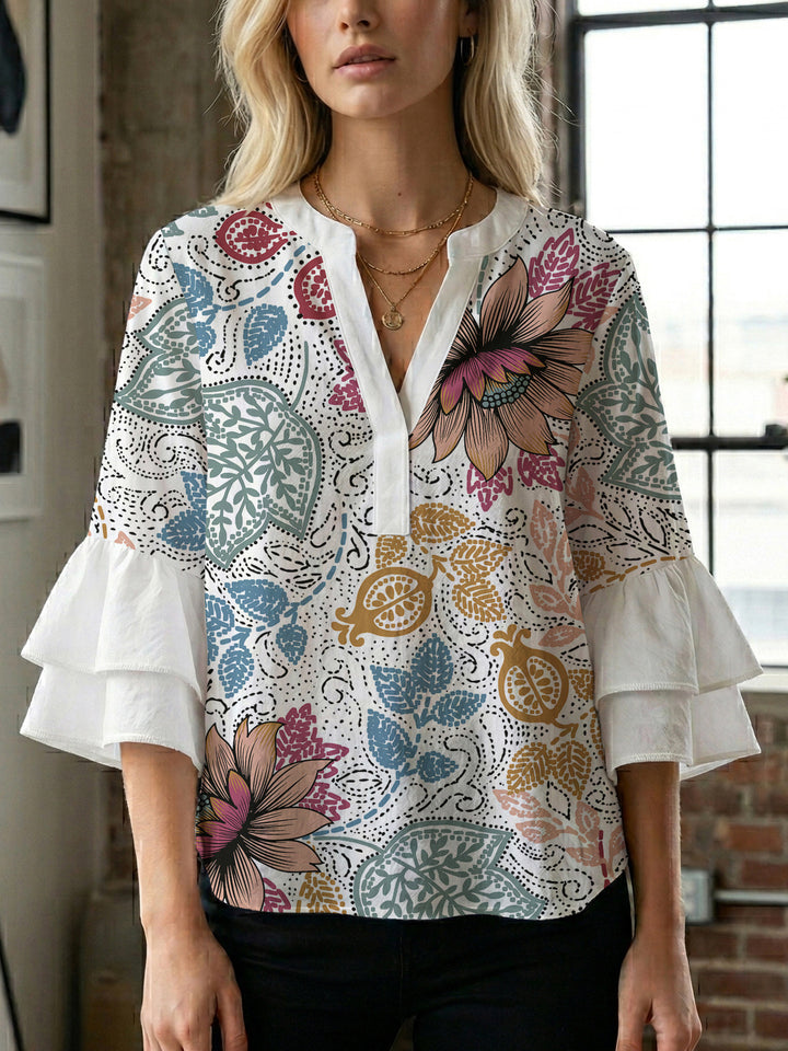 Women's blouse with voluminous ruffle sleeves and creative floral design Lisslune