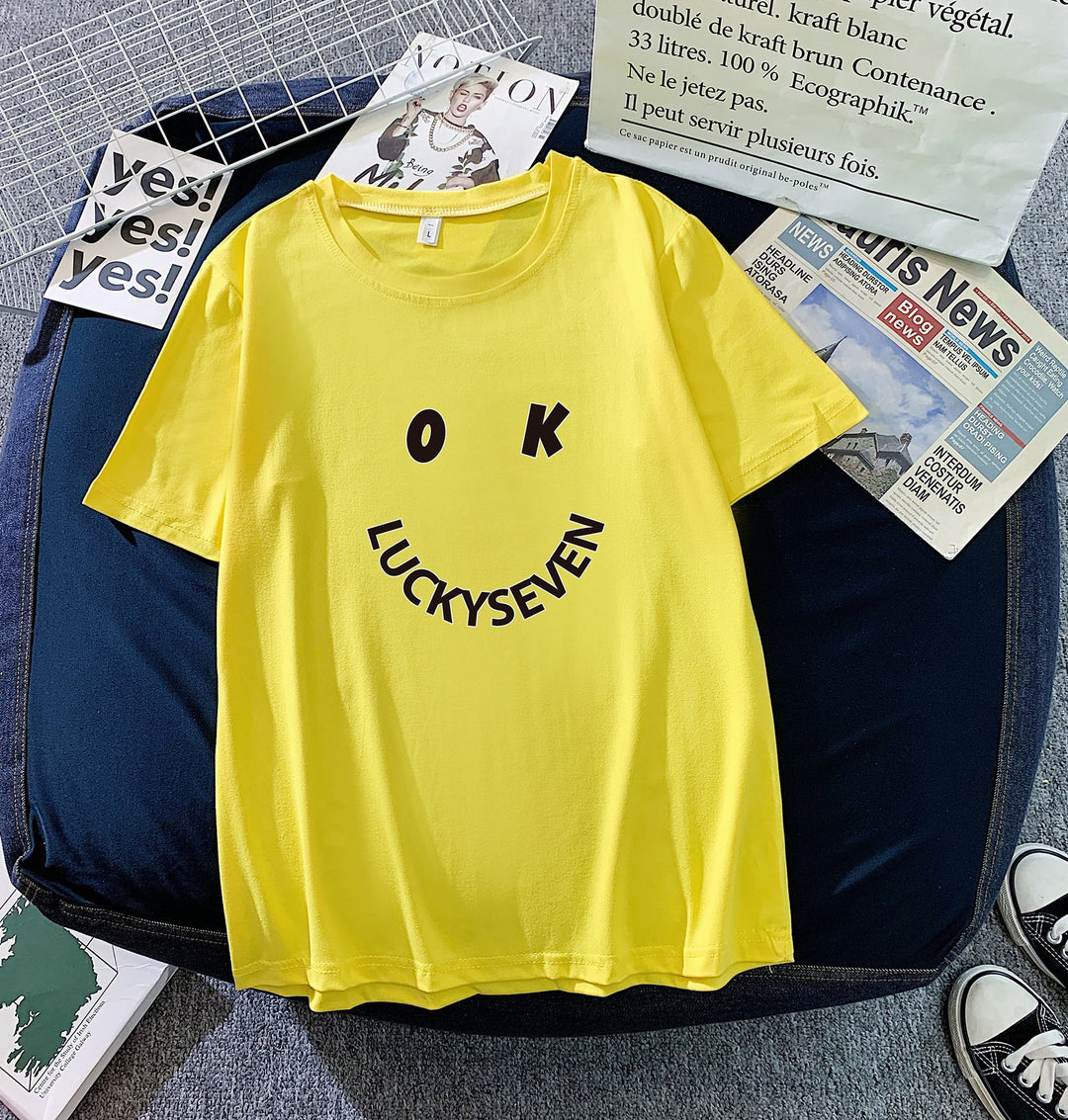 Women's fashionable t-shirt with casual smiley print and high-quality cotton quality Lisslune