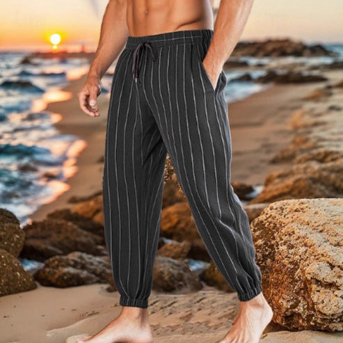 Men's casual leisure pants with elastic waistband and striped pattern Lisslune