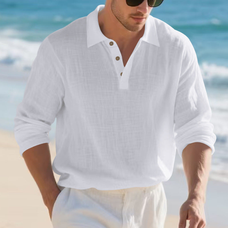 Men's long-sleeved Henley shirt with fashionable collar and decorative button details Lisslune