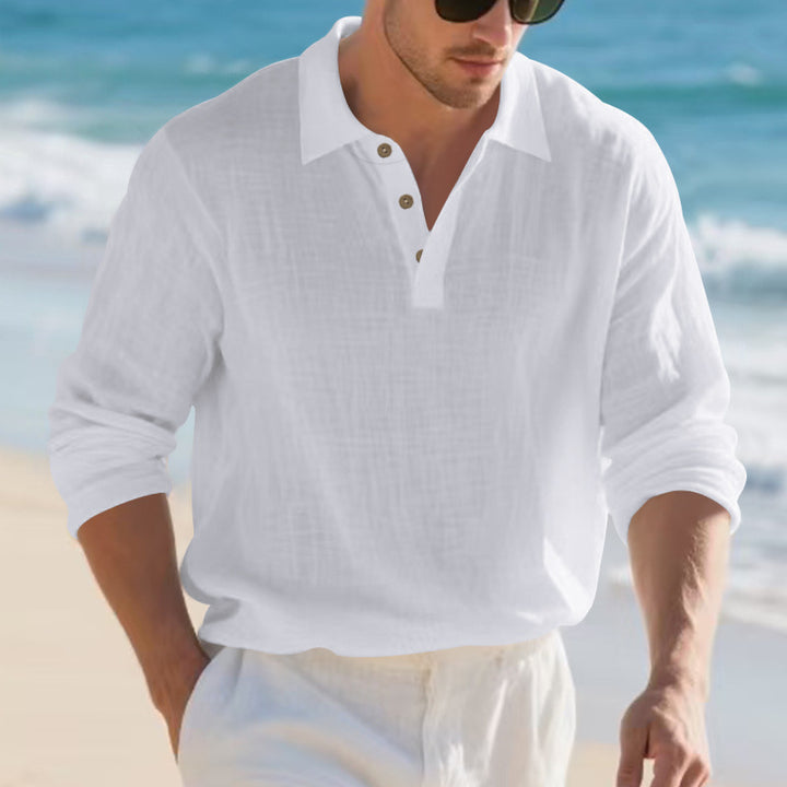Men's long-sleeved Henley shirt with fashionable collar and decorative button details Lisslune