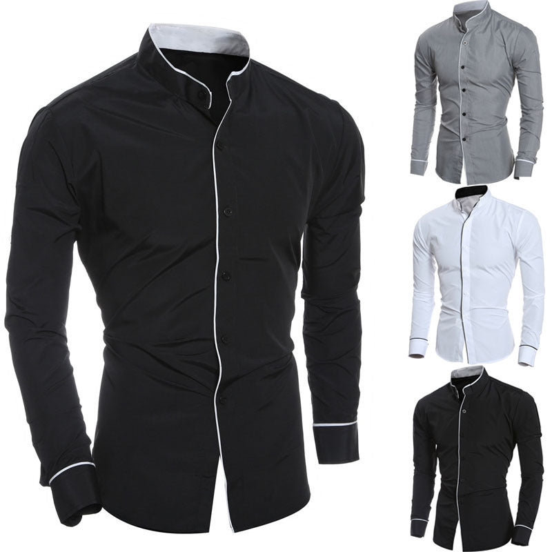 Men's Long-Sleeved Shirt with Modern Stand Collar and Contrasting Accents Lisslune