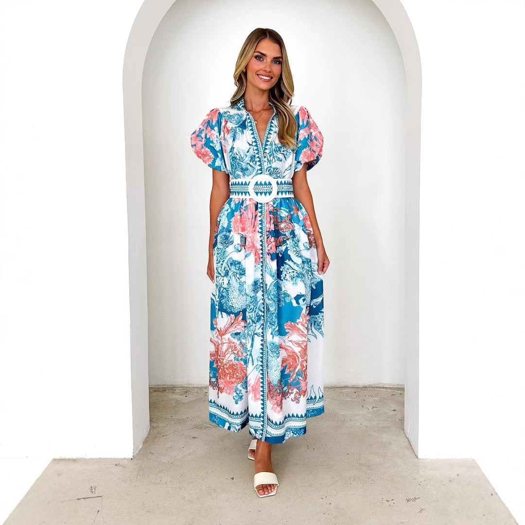 Women's maxi dress with voluminous puff sleeves and delicate floral pattern Lisslune