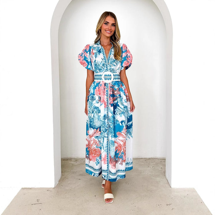 Women's maxi dress with voluminous puff sleeves and delicate floral pattern Lisslune
