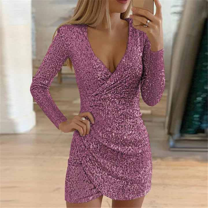 Women's sparkling party dress with figure-flattering cut and V-neck