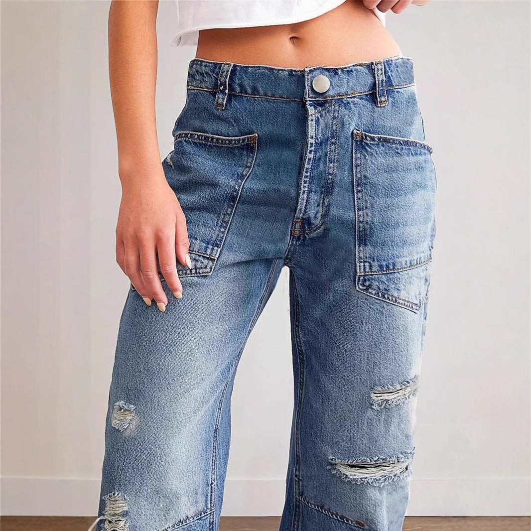 Women's wide-cut jeans with creative pockets and destroyed details Lisslune