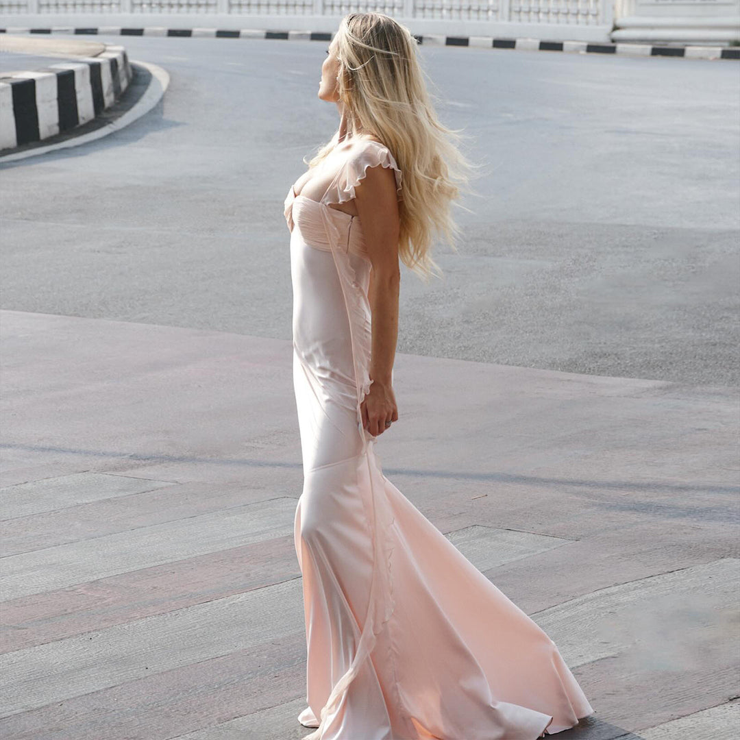 Women's evening dress with elegant gathering and shimmering satin finish Lisslune