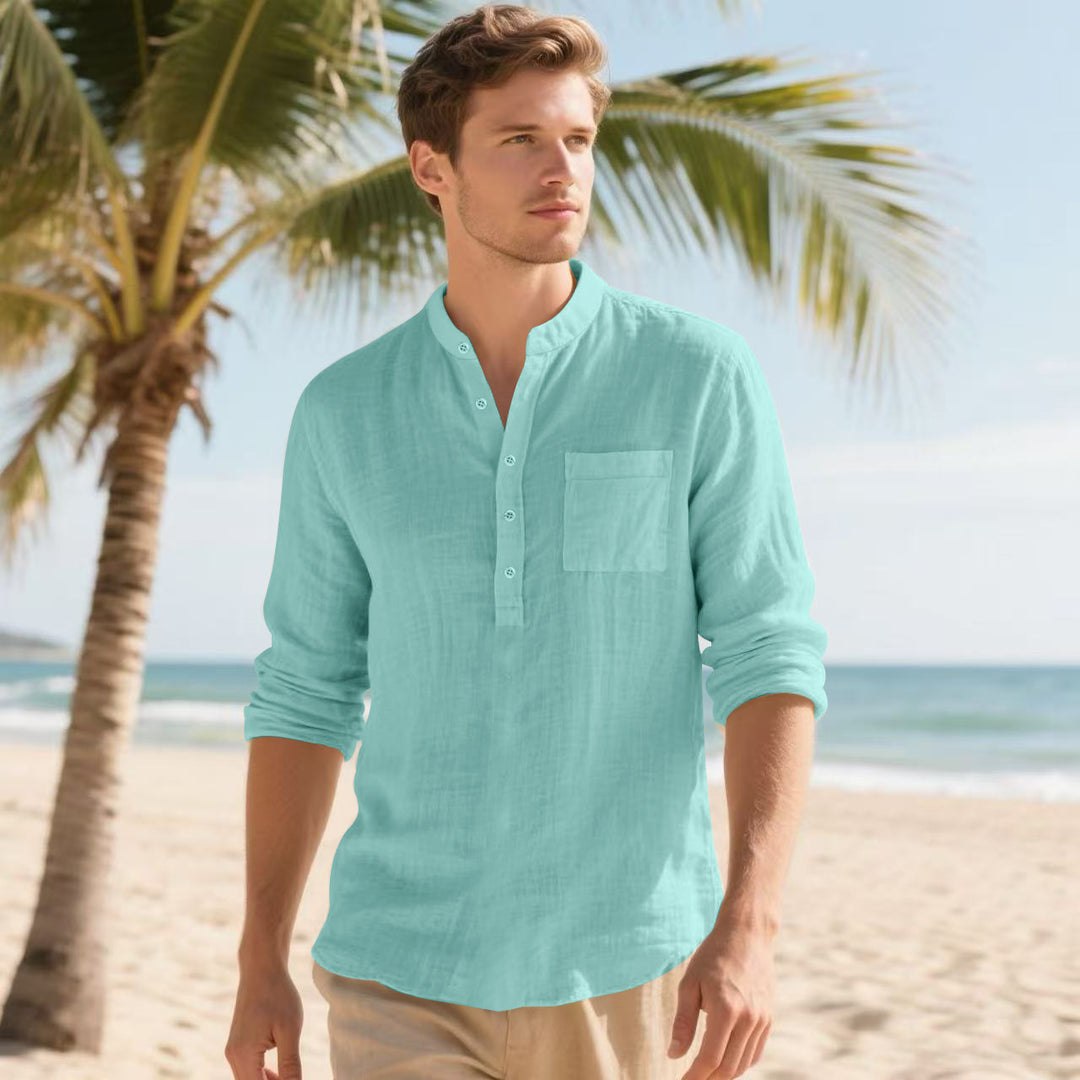 Men's Casual Long Sleeve Shirt with Stand-Up Collar and Practical Chest Pocket Lisslune