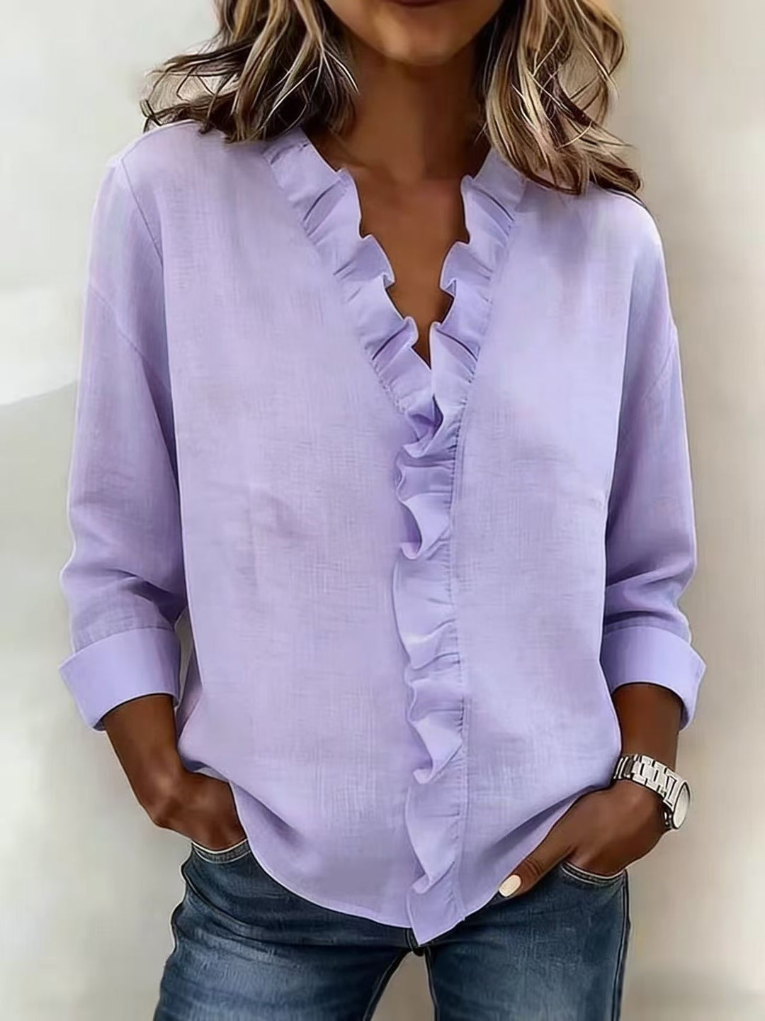 Women romantic blouse with ruffle details and V-neck Lisslune