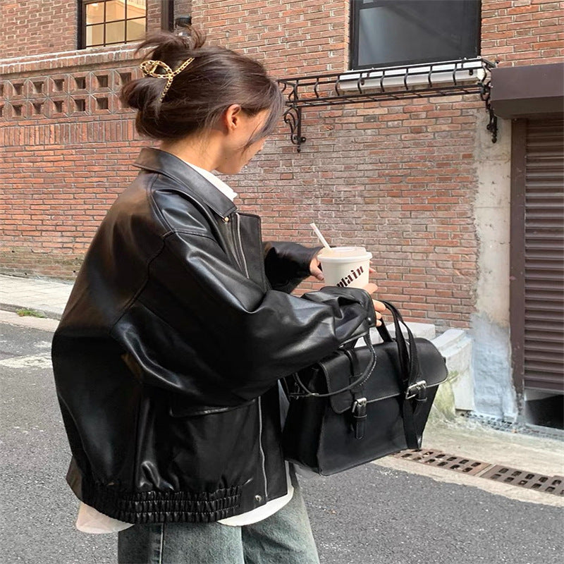 Women's Fashion Leather Jacket with Oversized Sleeves and Elastic Hem Lisslune