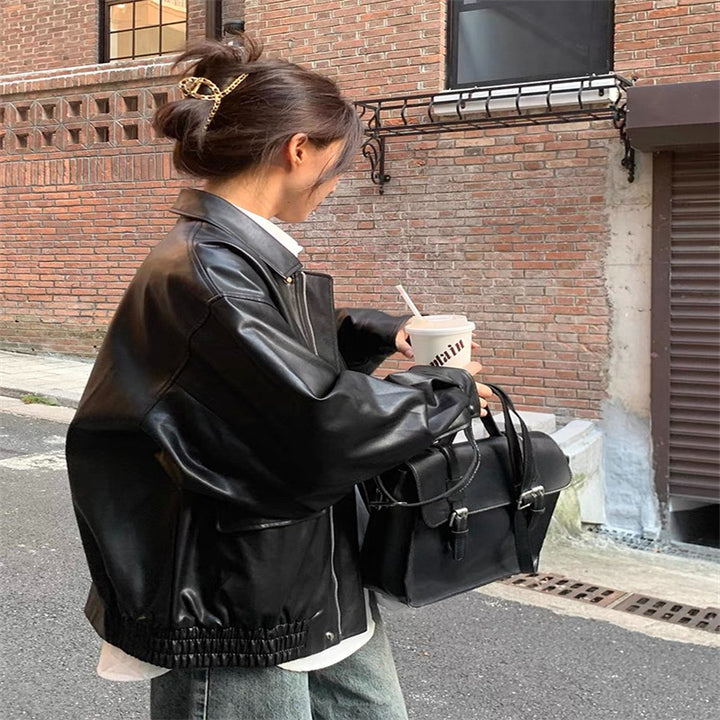 Women's Fashion Leather Jacket with Oversized Sleeves and Elastic Hem Lisslune