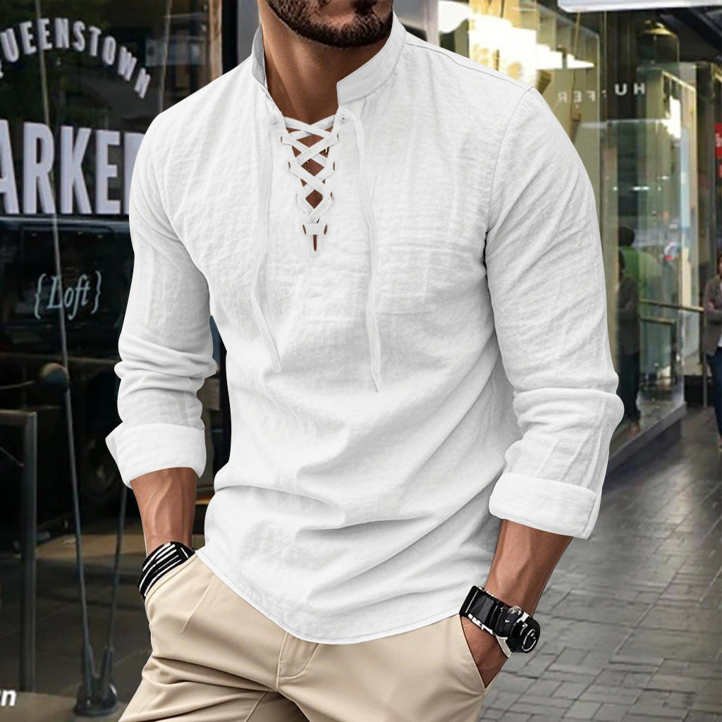Men's long-sleeved shirt with trendy lacing and stand-up collar Lisslune