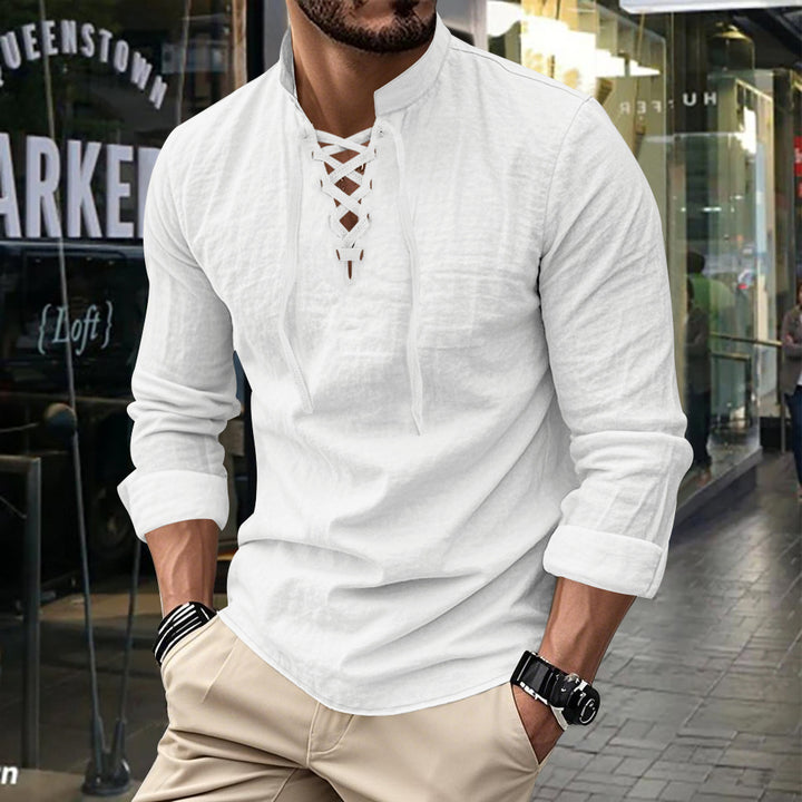 Men's long-sleeved shirt with trendy lacing and stand-up collar Lisslune