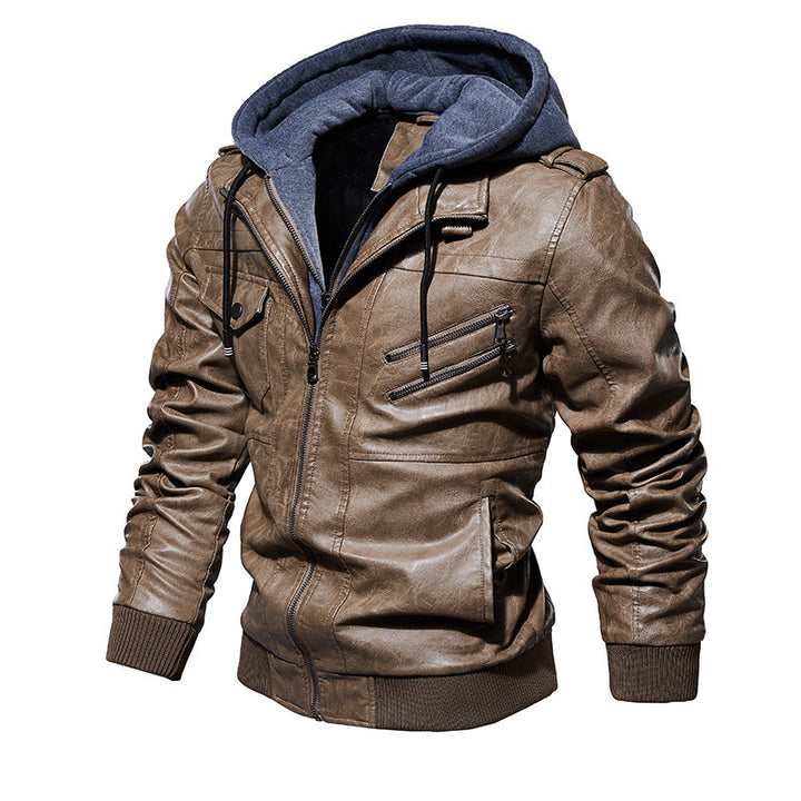 Men's Casual Synthetic Leather Jacket with Removable Hood and Numerous Pockets Lisslune
