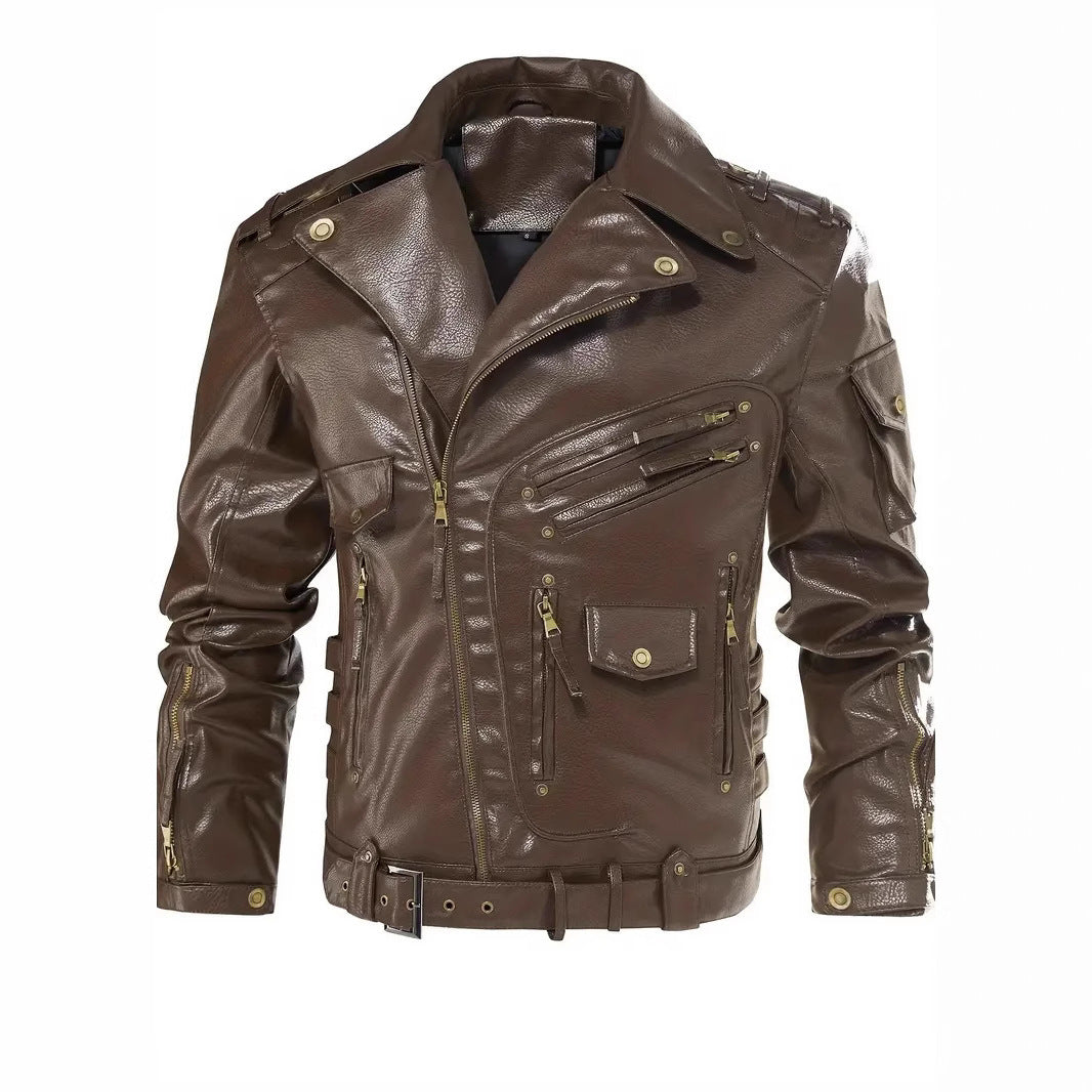Men's stylish biker jacket with multiple zip pockets and belt detail Lisslune