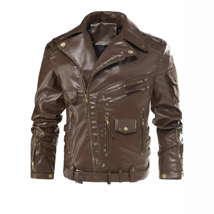Men's stylish biker jacket with multiple zip pockets and belt detail Lisslune