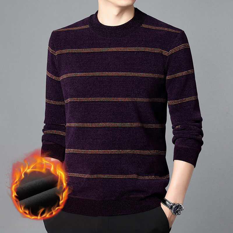 Men's elegant crew neck sweater with fine stripe pattern and warming inner lining Lisslune