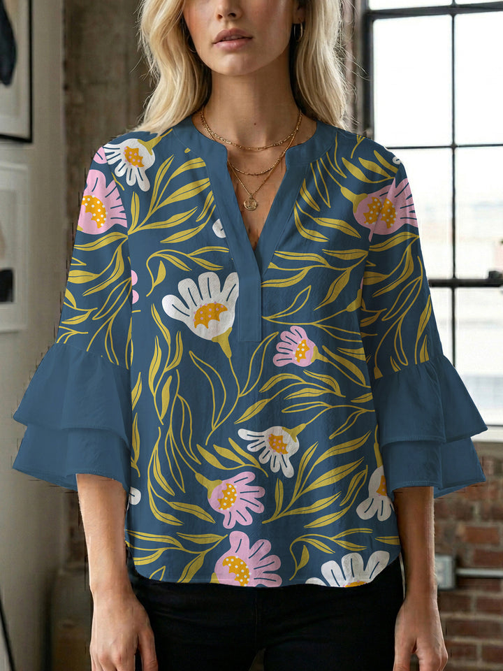 Women Elegant Top with Voluminous Puff Sleeves and Floral Print Lisslune