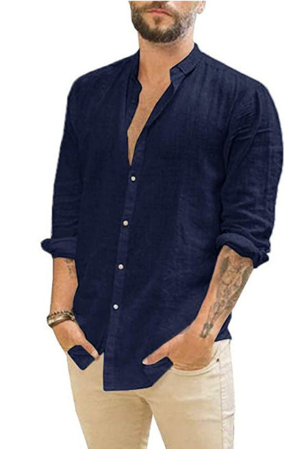 Men's Long Sleeve Shirt with Modern Stand-Up Collar and Textured Design Lisslune