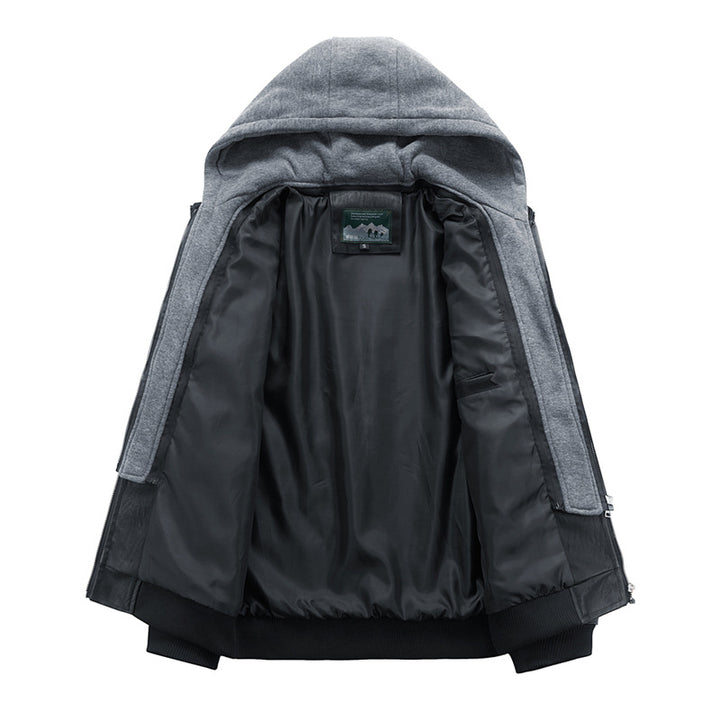 Men's Leather Jacket with Integrated Hood and Practical Pockets Lisslune